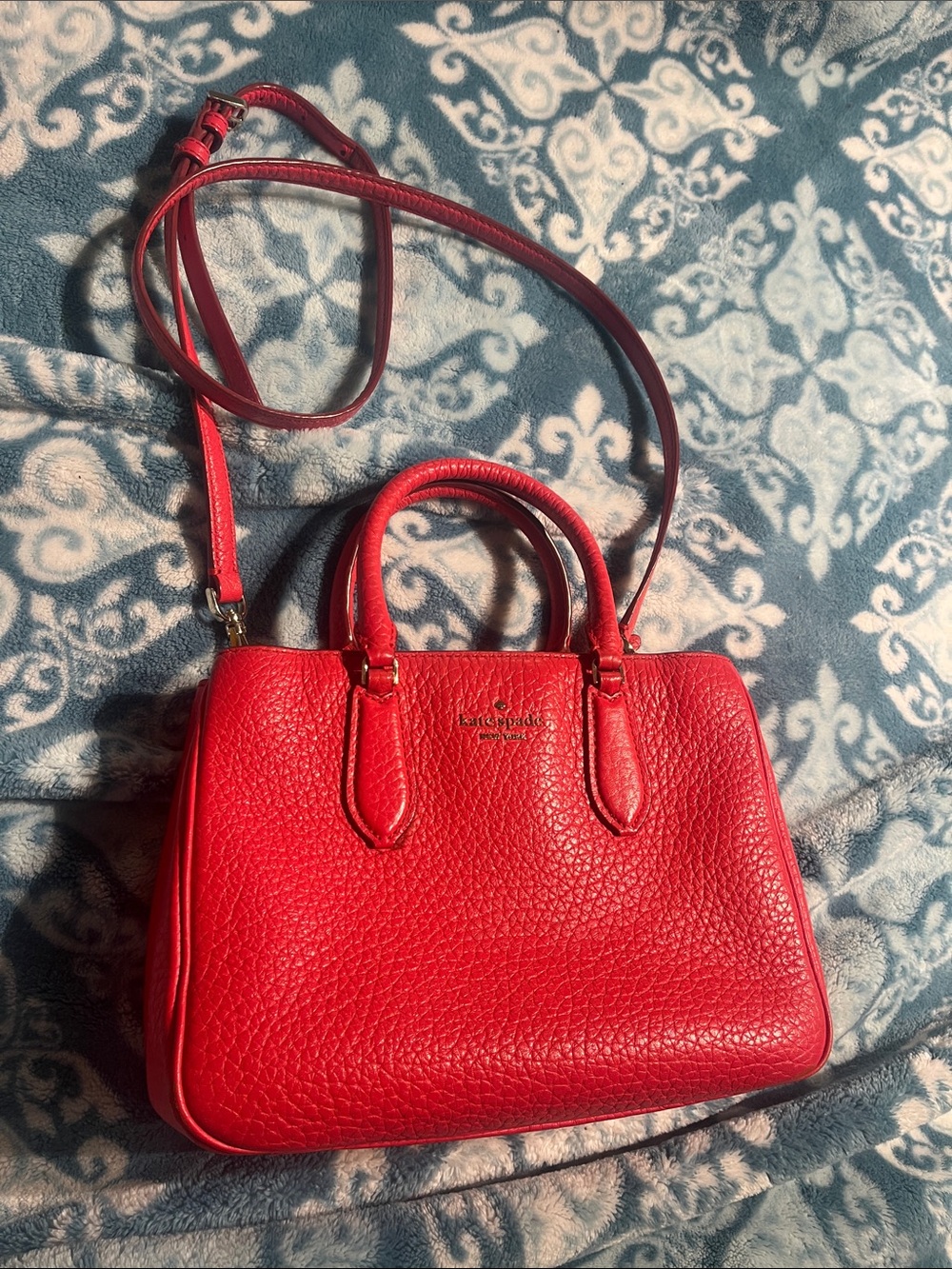 KATE SPADE coral pebbled leather satchel w detachable long strap & short handles